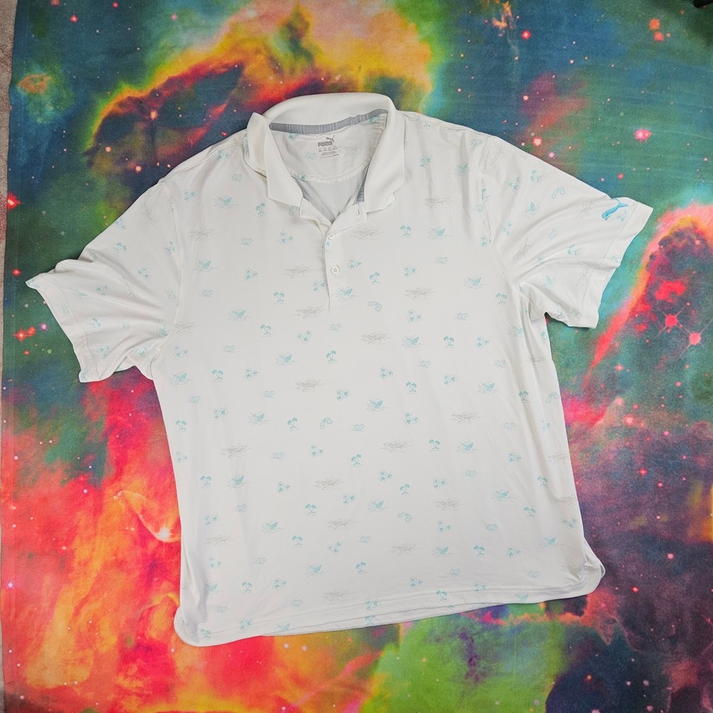 Puma Golf‎ Shirt Mens Polo White Palm Tree Print Short Sleeve